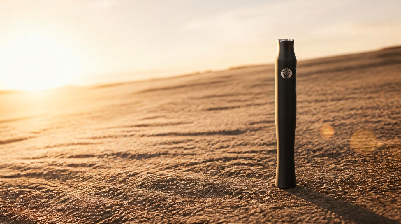 Vuber vaporizer standing in a sunlit desert landscape