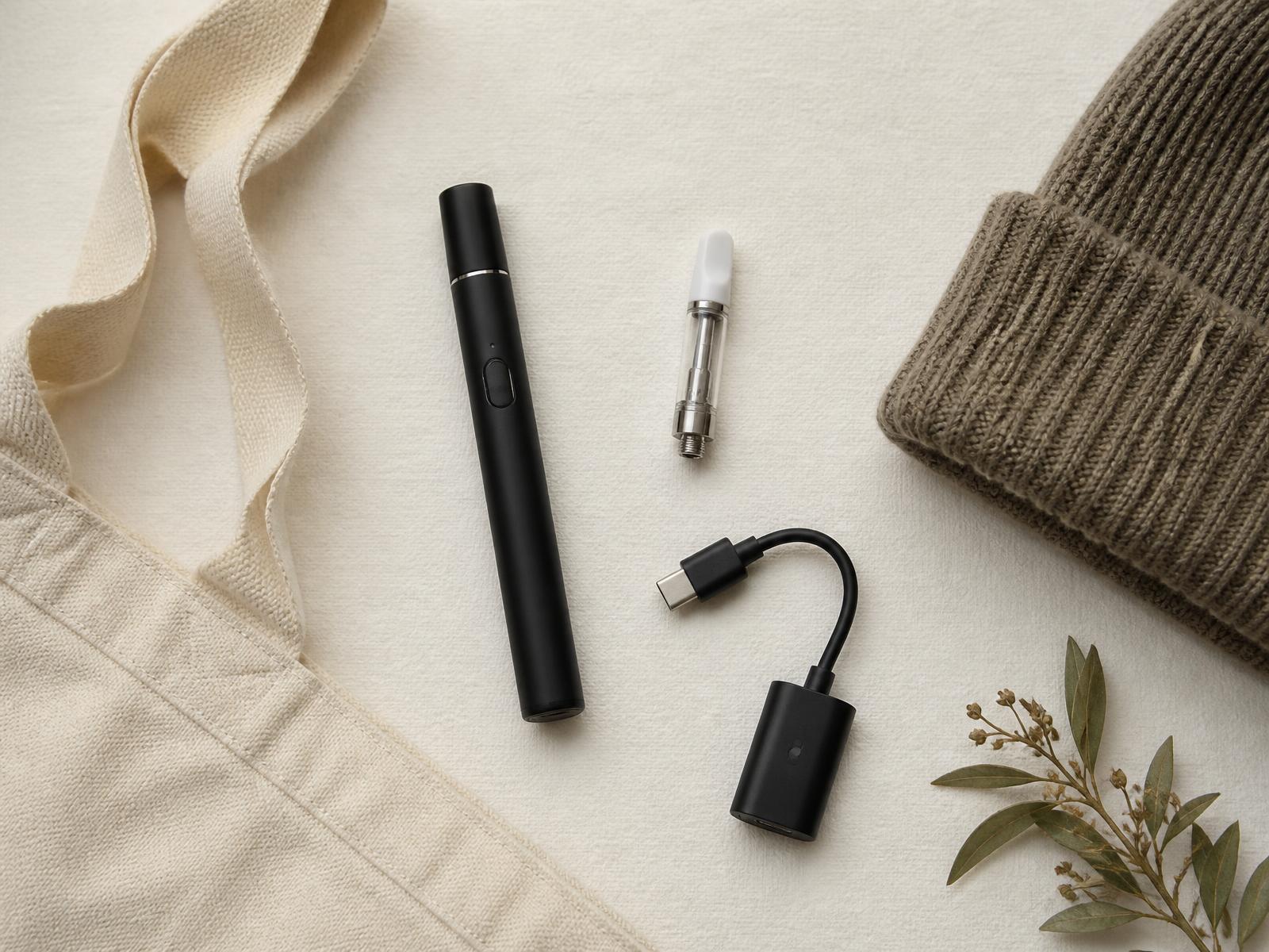Flat lay of a Vuber battery, cartridge and charger