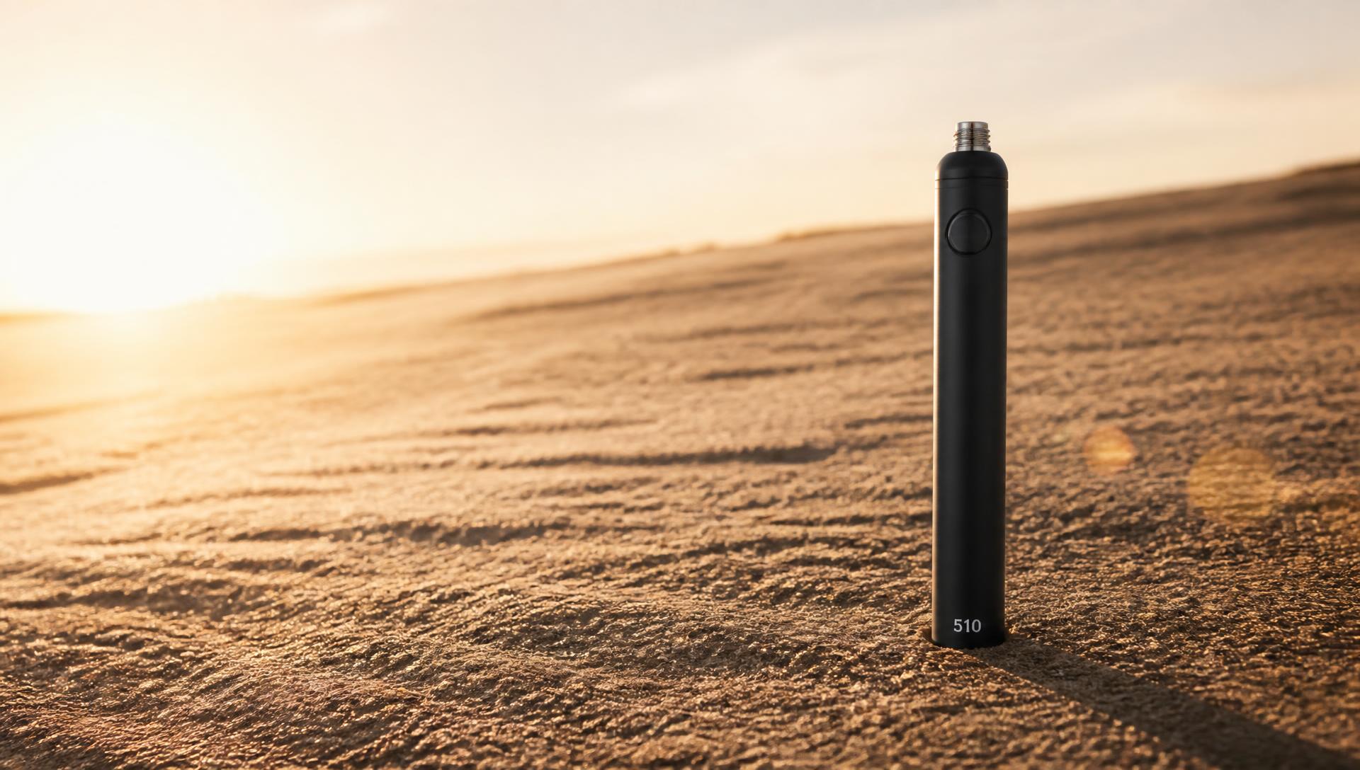 Vuber 510 smart battery standing in warm sand at golden hour