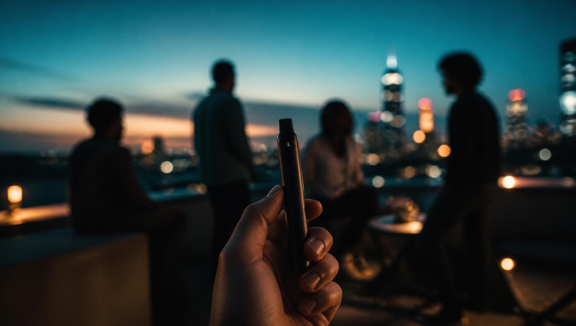 Friends on a rooftop at dusk, one holding a Vuber battery